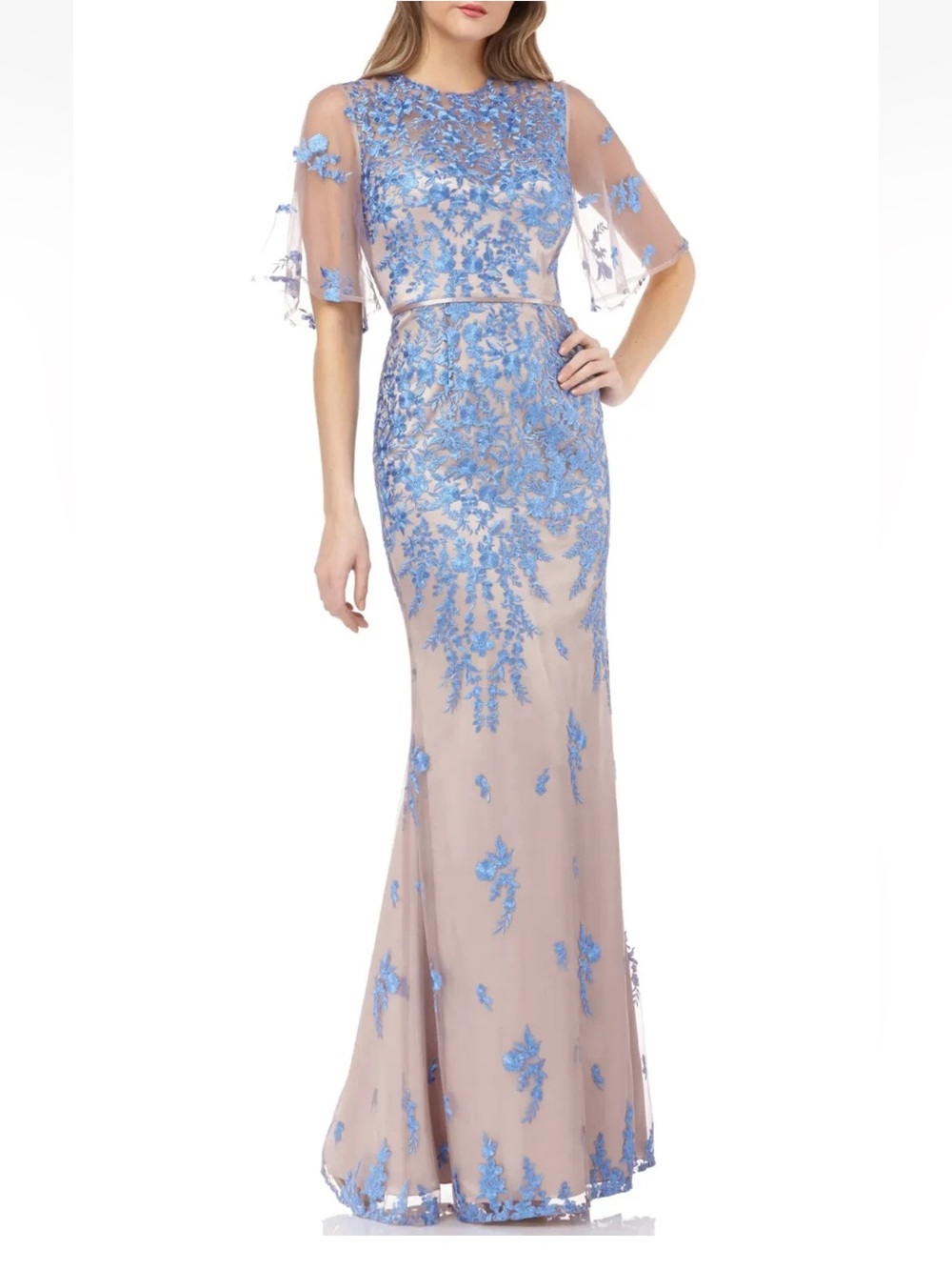 JS collection Embroidered Illusion Sleeve Evening Gown in Blue on Nude